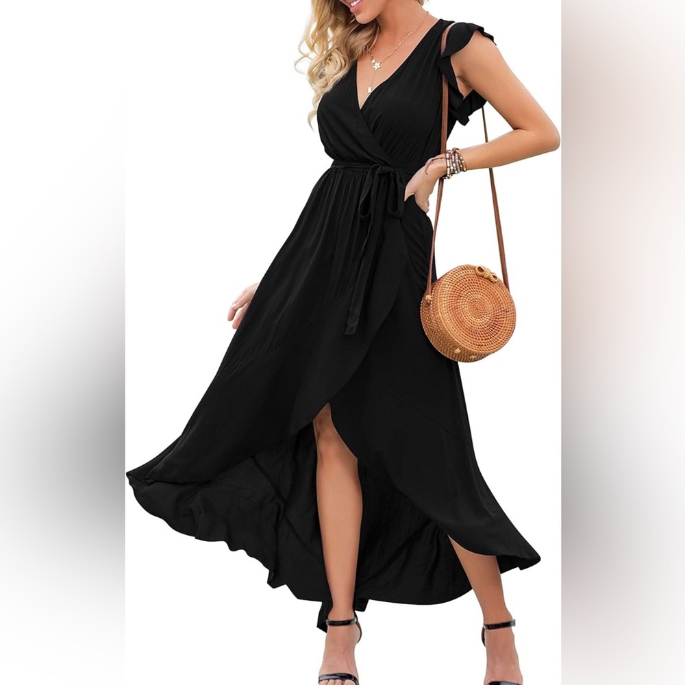 XXL Women's Spring Summer Boho Floral Print V-Neck Faux Wrap Maxi Dress-NO BELT